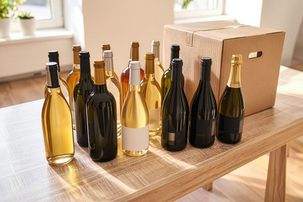 Ein Karton mit einem Innenleben, das zwölf Flaschen in verschiedenen Farben und Formen hält. Die Flaschenreste sind sichtbar, während der Karton auf einer neutralen Oberfläche liegt.