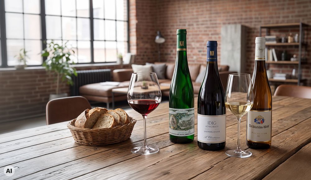 Auf einem Holztisch stehen drei Flaschen Wein und zwei Weingläser. Ein Korb mit Brot liegt neben den Gläsern. Im Hintergrund sind große Fenster und eine gemütliche Einrichtung sichtbar.