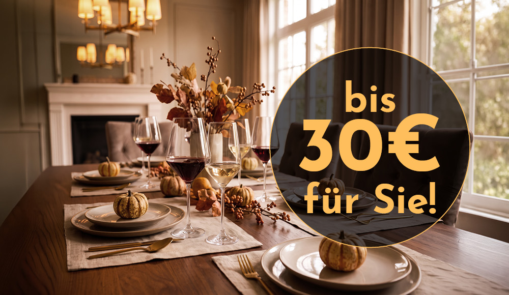 Ein festlich gedeckter Esstisch mit Wein, Gläsern und kleinen Kürbissen in einem gut beleuchteten Raum. Im Hintergrund sind ein Kamin und Fenster zu sehen. Text: -bis 30€ für Sie!-