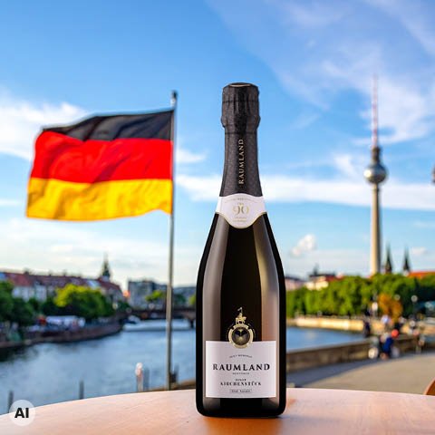 Eine Sektflasche mit der Aufschrift -RAUMLAND- steht auf einem Tisch. Im Hintergrund weht eine deutsche Flagge, während der Berliner Fernsehturm und ein Fluss zu sehen sind.