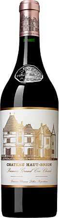 Eine elegante Weinflasche mit schwarzem Körper und einem goldenen, detaillierten Etikett. Der Name -Chateau Haut-Brion- steht prominent in der Mitte, umgeben von einer Abbildung des Schlosses.