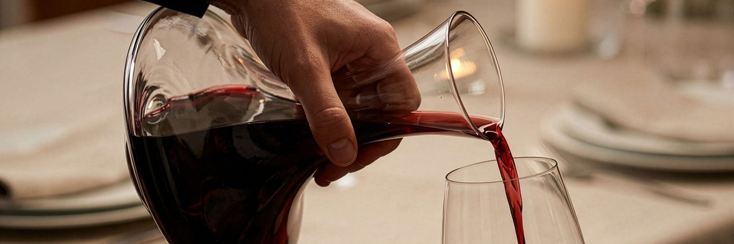 Ein Kellner schenkt Wein aus einer Flasche in eine Dekantierkaraffe. Im Hintergrund sind zahlreiche Weinflaschen zu sehen, während zwei leere Weingläser auf einem Tisch stehen.