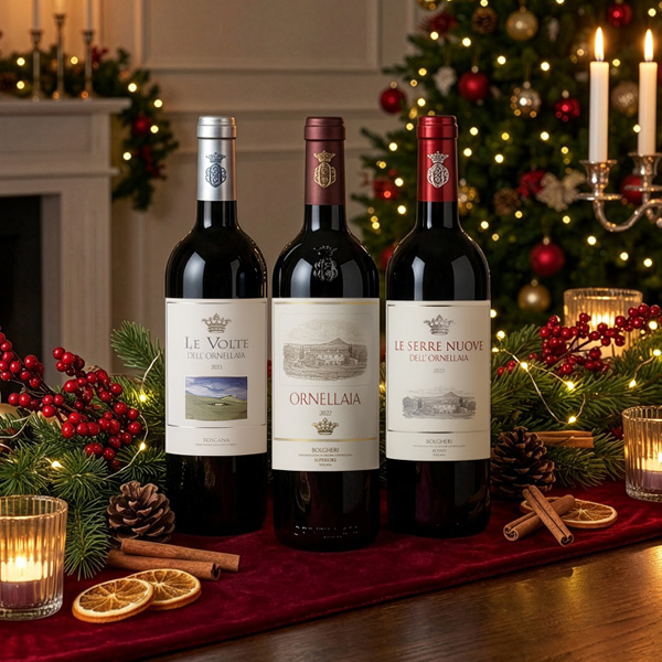 Drei Flaschen Rotwein stehen auf einem festlich dekorierten Tisch, umgeben von Tannenzweigen, Zimtstangen und Kerzen. Im Hintergrund leuchtet ein Weihnachtsbaum mit buntem Schmuck.