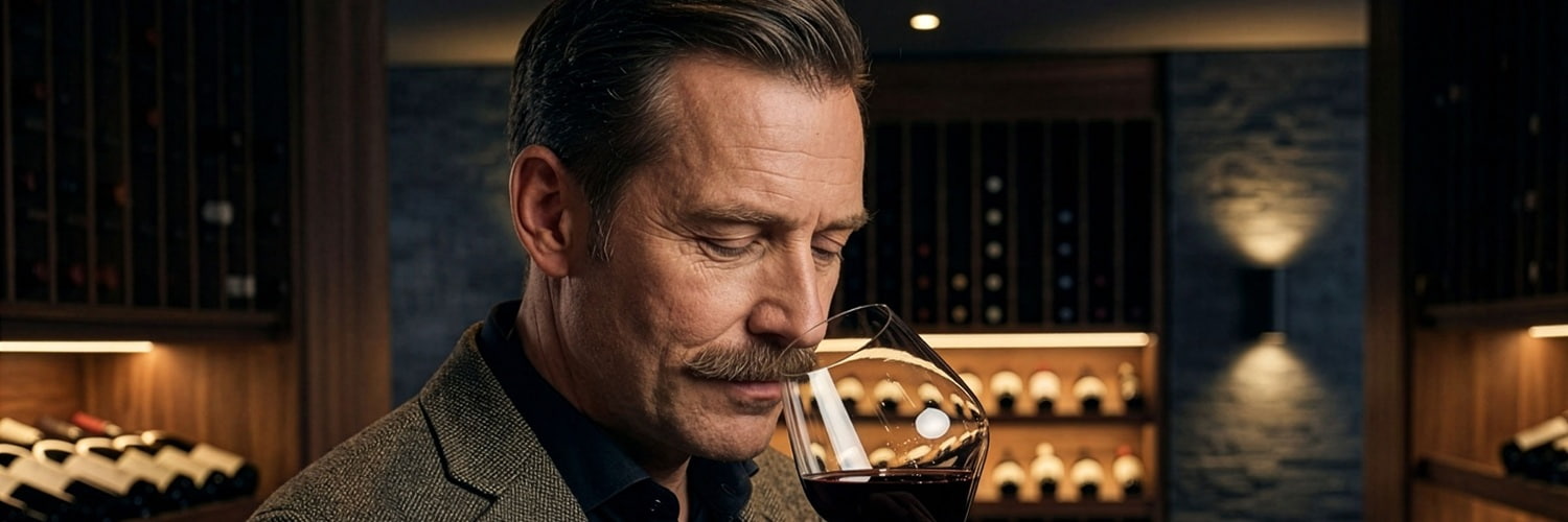 Ein Mann hält ein Weinglas und schwenkt es, während er den Wein betrachtet und daran riecht. Im Hintergrund sind Regale mit Weinflaschen sichtbar.