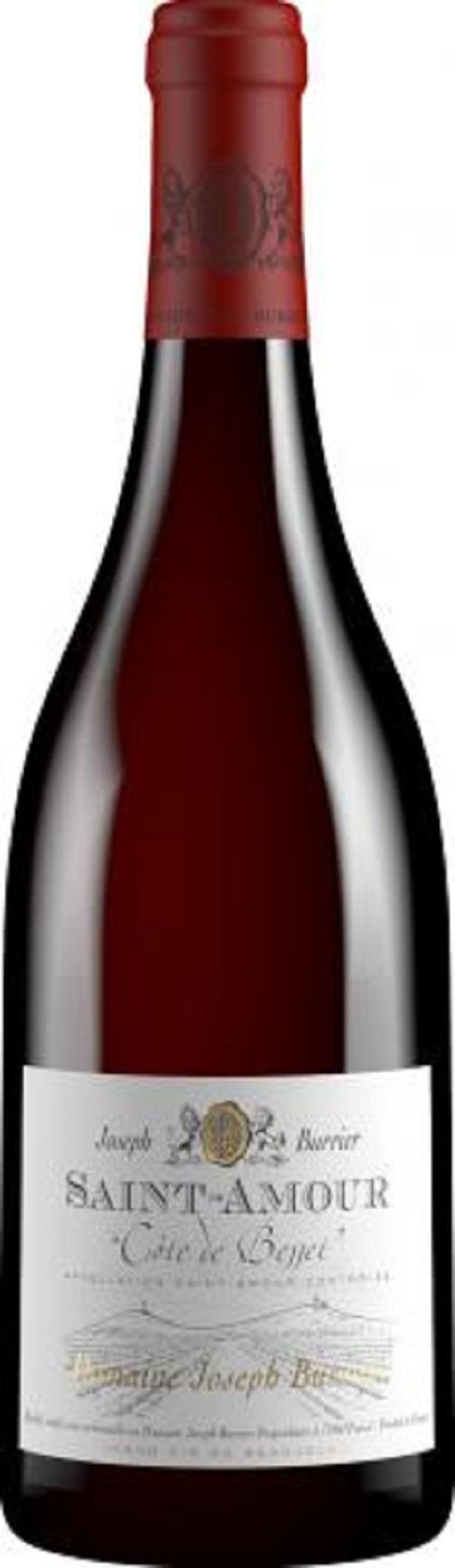 Saint Amour Côte de Besset Eine Weinflasche mit rot glänzendem Hals und etiket auf der Vorderseite. Das Etikett trägt den Namen -SAINT-AMOUR-, enthält Informationen über das Weingut und eine stilisierte Abbildung von Hügeln.