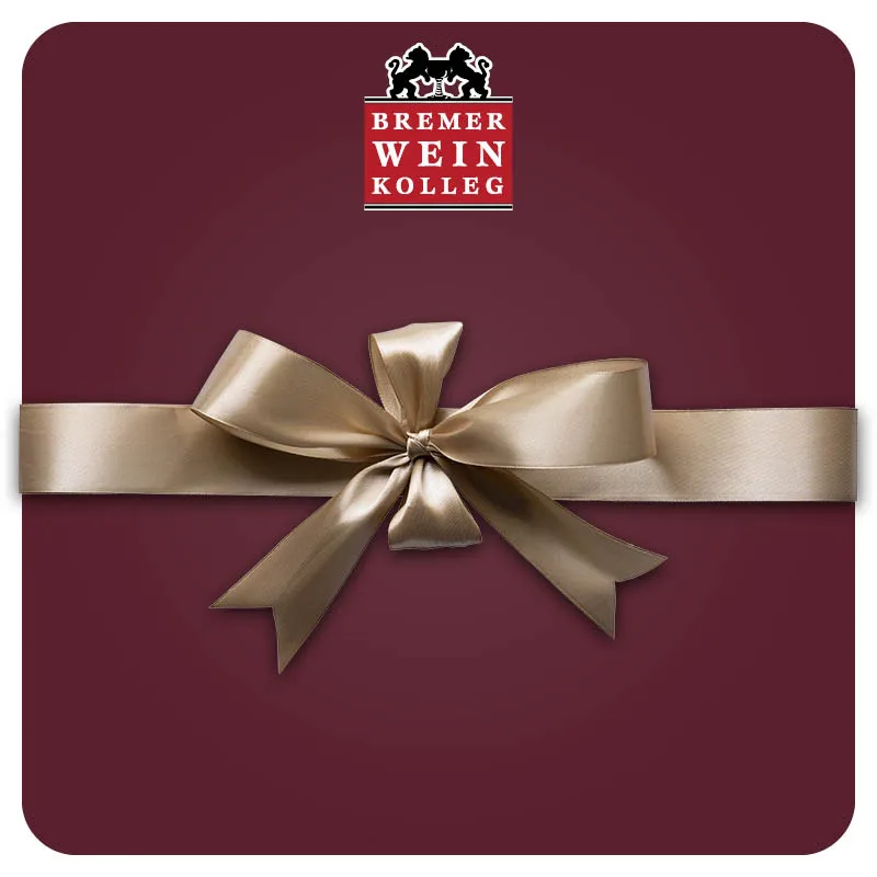 Ein Geschenk mit einem goldenen Geschenkband ist auf einem tief roten Hintergrund zu sehen. Darüber befindet sich das Logo des Bremer Wein Kollegs.