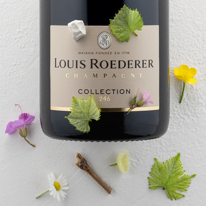 Eine Flasche Louis Roederer Champagner steht auf einem weißen Untergrund, umgeben von verschiedenen kleinen bunten Blumen und grünen Blättern. Der Fokus liegt auf dem Etikett der Flasche.