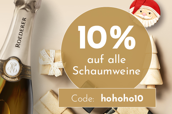 Eine Flasche Sekt ist in der oberen linken Ecke sichtbar, umgeben von Geschenken und festlichen Dekorationen. Es wird ein Rabatt von 10% auf alle Schaumweine angeboten, mit dem Code hohoho10.