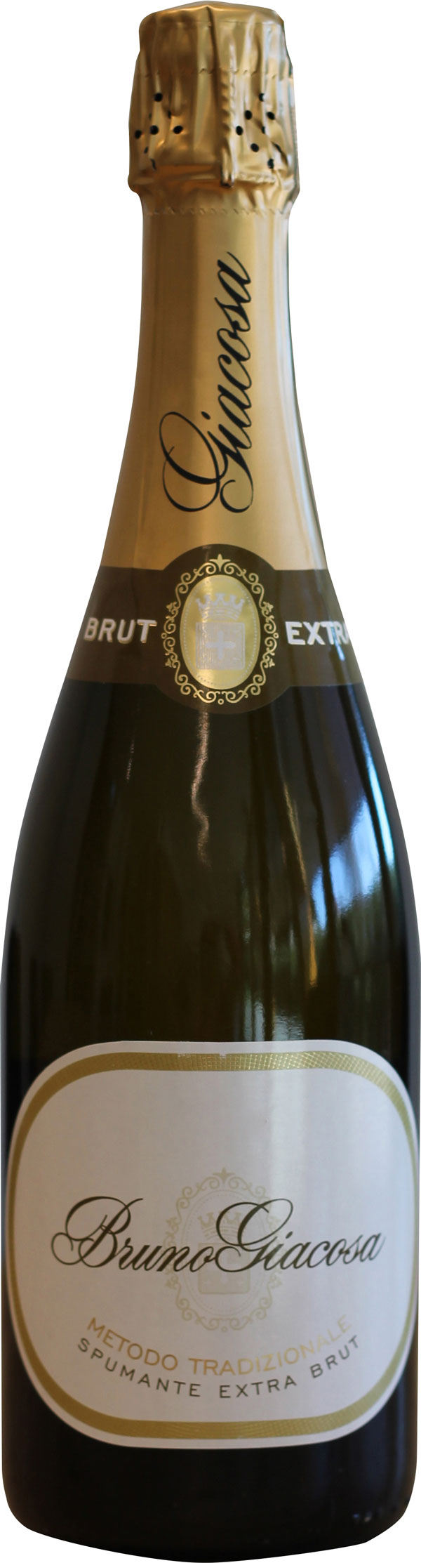 Eine Flasche Schaumwein steht im Vordergrund. Sie ist dunkelgrün, mit einem goldenen Kapselverschluss und einem Etikett, das den Namen -Bruno Giacosa- sowie die Bezeichnungen -Brut- und -Extra Brut- zeigt.