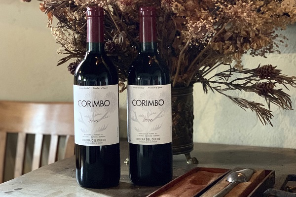 Zwei Flaschen Rotwein mit dem Etikett -CORIMBO 2016- stehen auf einem Tisch. Im Hintergrund ist ein Blumenarrangement aus getrockneten Pflanzen zu sehen.