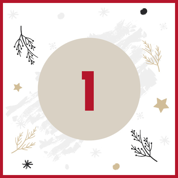 Ein runder, beige Hintergrund mit der Zahl -1- in roter Schrift ist in der Mitte platziert. Umgeben ist er von verschiedenen weihnachtlichen Zweigen und Sternen auf einem neutralen Hintergrund.