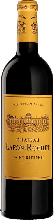 Château Lafon-Rochet Eine Flasche Rotwein mit einem eleganten Etikett in Gelb und Schwarz. Das Etikett zeigt das Bild eines Schlosses und den Namen -Chateau Lafon-Rochet- sowie -Saint-Estèphe-.