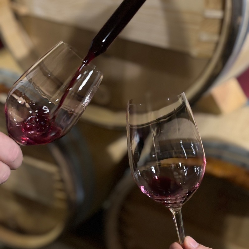 Ein Glas Rotwein wird mit einer Pipette gefüllt, während ein anderes Glas daneben steht. Im Hintergrund sind Holzfässer zu sehen, die auf eine Weinkellerumgebung hinweisen.