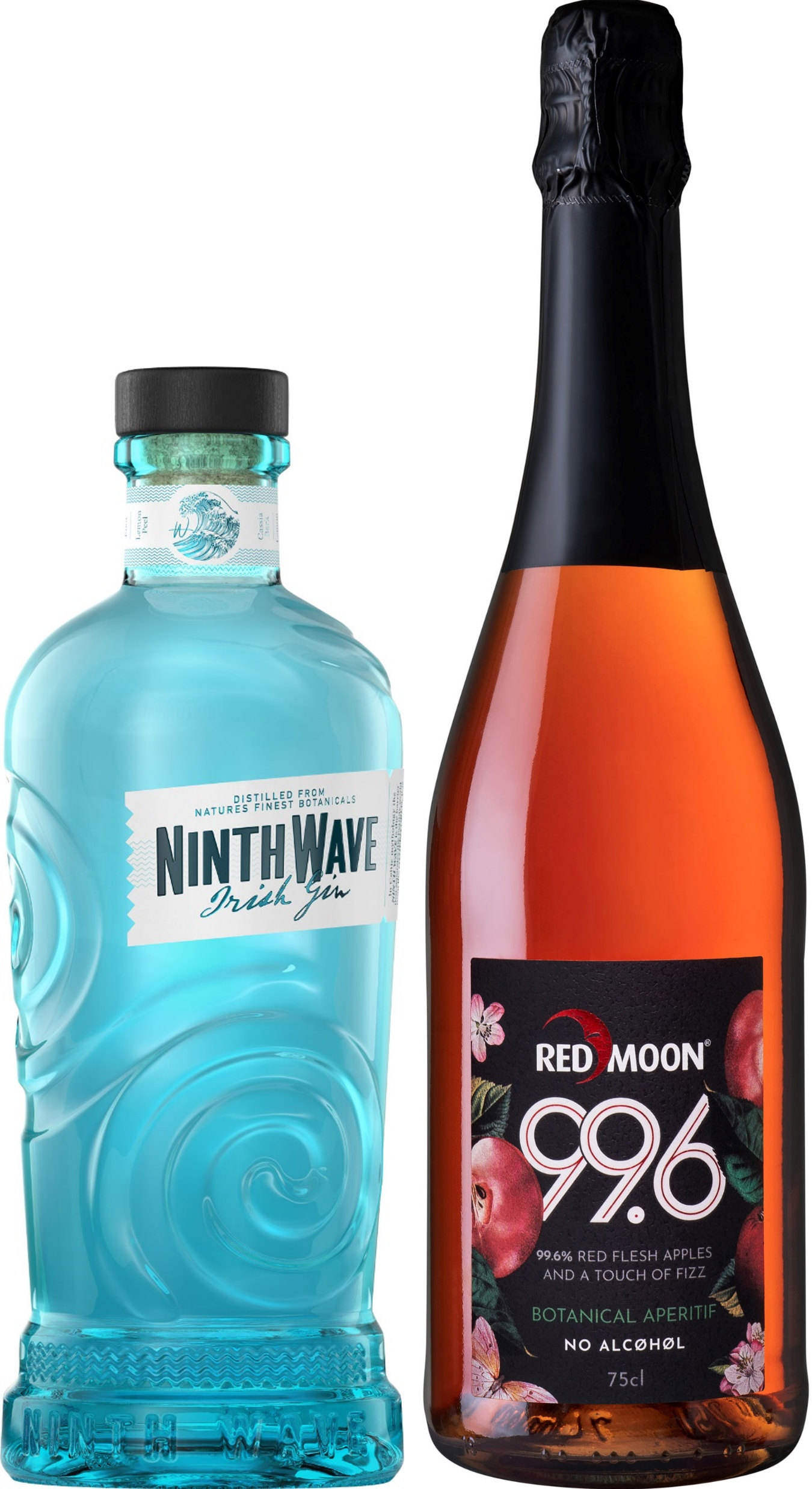 Cocktailpaket Ninth Wave & Red Moon Links steht eine hellblaue Flasche mit der Aufschrift -Ninth Wave Irish Gin-. Rechts ist eine Flasche mit einem rosafarbenen Inhalt, etikettiert als -RED MOON 99.6-, die einen alkoholfreien Aperitif beschreibt.