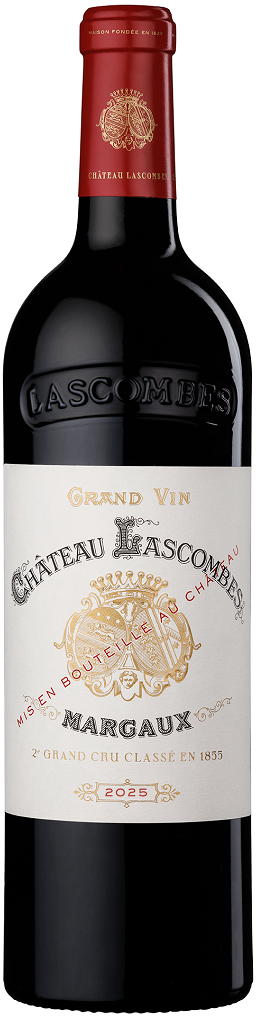 Eine Flasche Rotwein mit einer eleganten Etikette. Die Etikette enthält den Namen -Château Lascombes- und die Angaben -Grand Vin- sowie -Margaux-. Der Jahrgang 2025 ist angegeben.