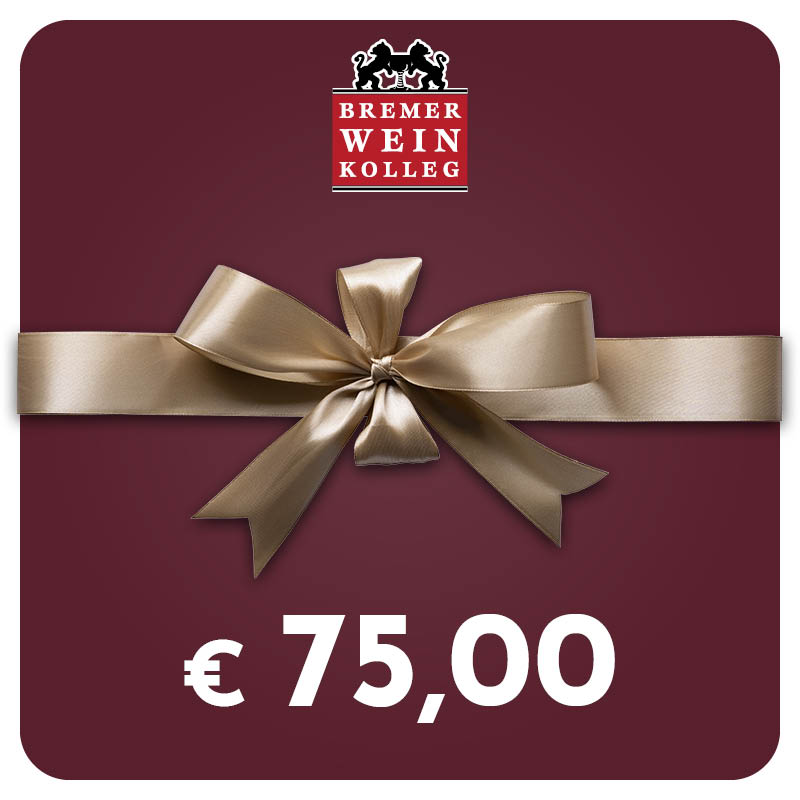 75€ Gutschein Ein Geschenk-Gutschein auf einem weinroten Hintergrund, mit einer großen, goldenen Schleife in der Mitte. Der Betrag von 75,00 € ist prominent sichtbar. Oben steht das Logo -Bremer Wein Kolleg-.