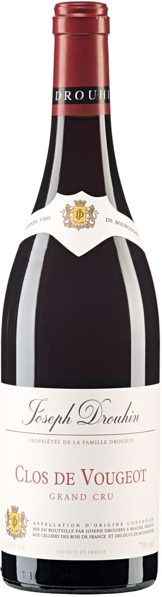 Clos de Vougeot Magnum Eine rote Weinflasche mit einem eleganten Etikett. Das Etikett zeigt den Namen -Joseph Drouhin- und -Clos de Vougeot Grand Cru-. Der Alkoholgehalt beträgt 13,5 % vol.