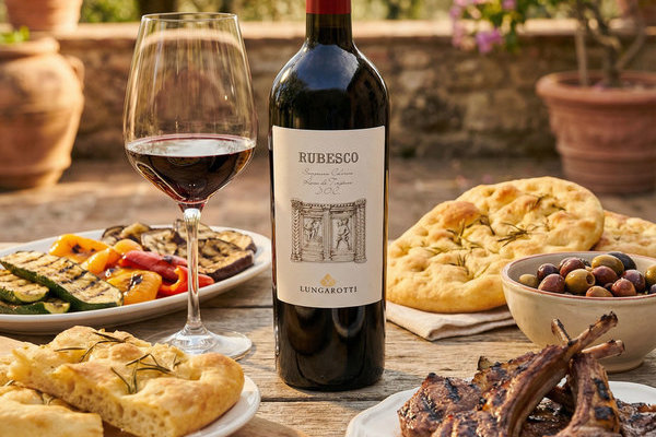 Eine Flasche Rotwein steht neben einem Weinglas. Auf dem Tisch sind Teller mit gegrilltem Gemüse, Focaccia, Oliven und Fleischstücken angeordnet. Der Hintergrund zeigt Pflanzen in Töpfen.