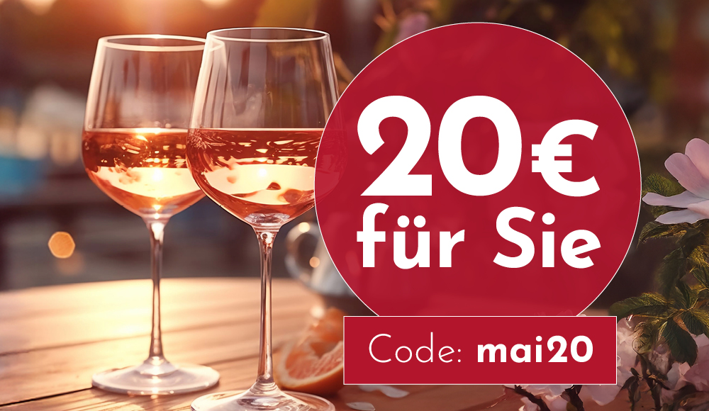 Zwei Gläser mit roséfarbenem Getränk stehen auf einem Tisch. Ein Angebot informiert über 20€ Rabatt mit dem Code -mai20-. Im Hintergrund sind weich verschwommene Lichter zu sehen.