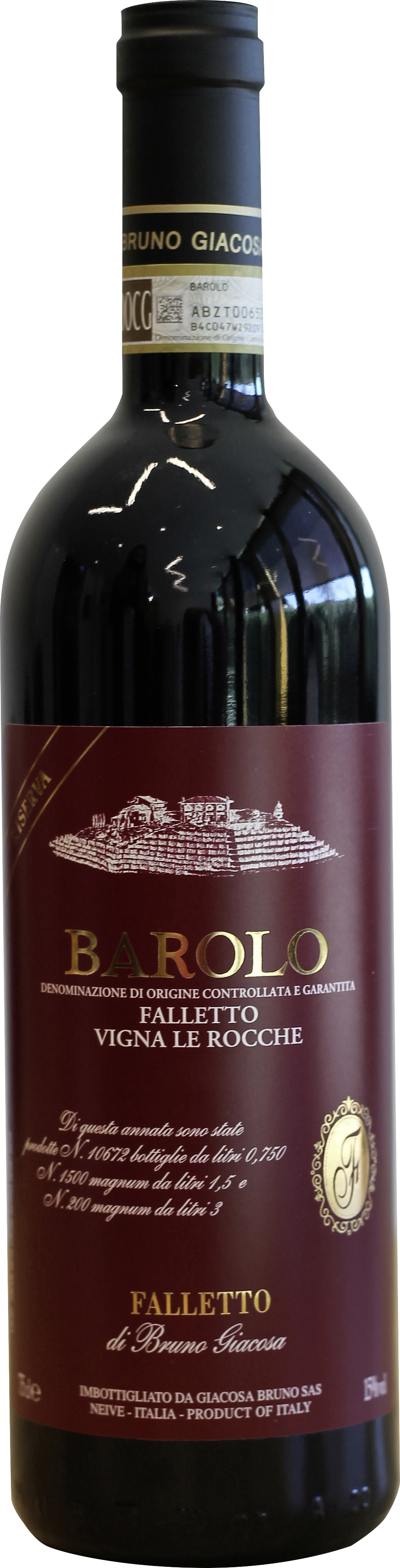 Barolo Riserva Le Rocche Eine Weinflasche mit dunklem, glänzendem Glas. Das Etikett ist rot mit goldenen und weißen Schriftzügen, die den Wein -Barolo- und den Produzenten -Bruno Giacosa- angeben.