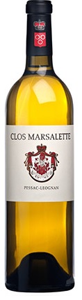 Clos Marsalette Blanc Eine Flasche weißen Weins mit einem Etikett, das -CLOS MARSALETTE- und -PESSAC-LÉOGNAN- zeigt. Das Etikett hat ein Wappen mit roten Bändern und Trauben. Der Flaschenhals ist schwarz mit einem roten Kapselverschluss.