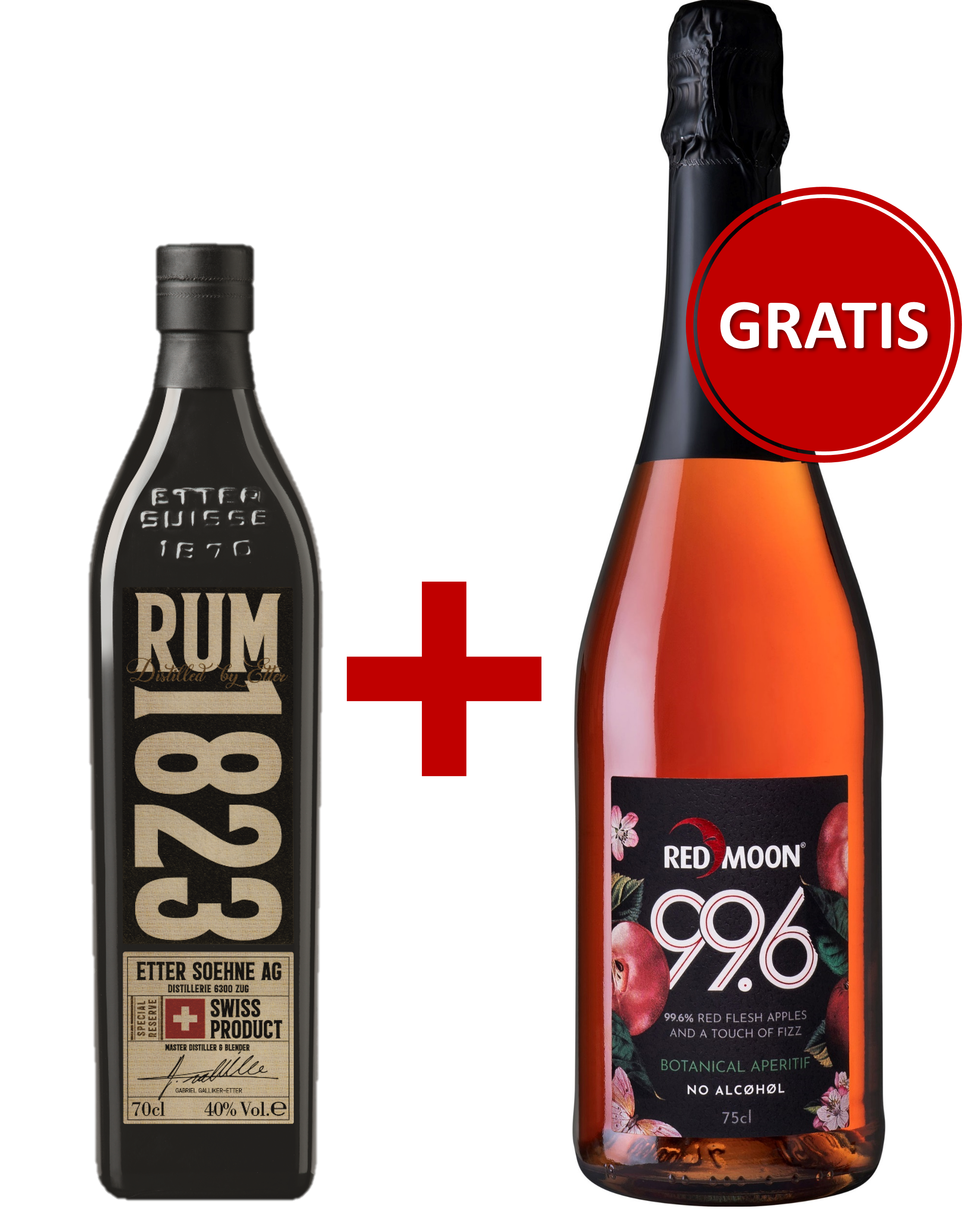 Cocktailpaket Red Apple Pie Spritz Ein Rum-Flasche mit der Aufschrift -1823- steht links, kombiniert mit einer alkoholfreien Flasche -RED MOON 99.6- rechts. Ein rotes -GRATIS--Label steht über der Kombination.