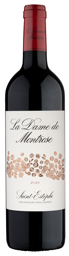 La Dame de Montrose Eine Flasche Rotwein mit einem eleganten Etikett. Der Wein trägt die Bezeichnung -La Dame de Montrose 2023-, mit der Region -Saint-Estèphe- und einem dekorativen Rosendesign.