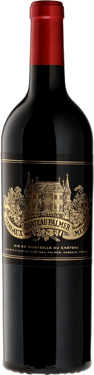 Château Palmer Eine Flasche Rotwein mit rotem Korken. Das Etikett zeigt ein goldene Abbildung eines Schlosses mit dem Schriftzug -Château Palmer- und -Margaux, Médoc-.