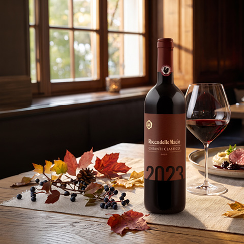 Eine Flasche Chianti Classico steht auf einem Holztisch, umgeben von buntem Herbstlaub und blauen Trauben. Neben der Flasche steht ein Glas Rotwein. Durch ein Fenster scheint Tageslicht.