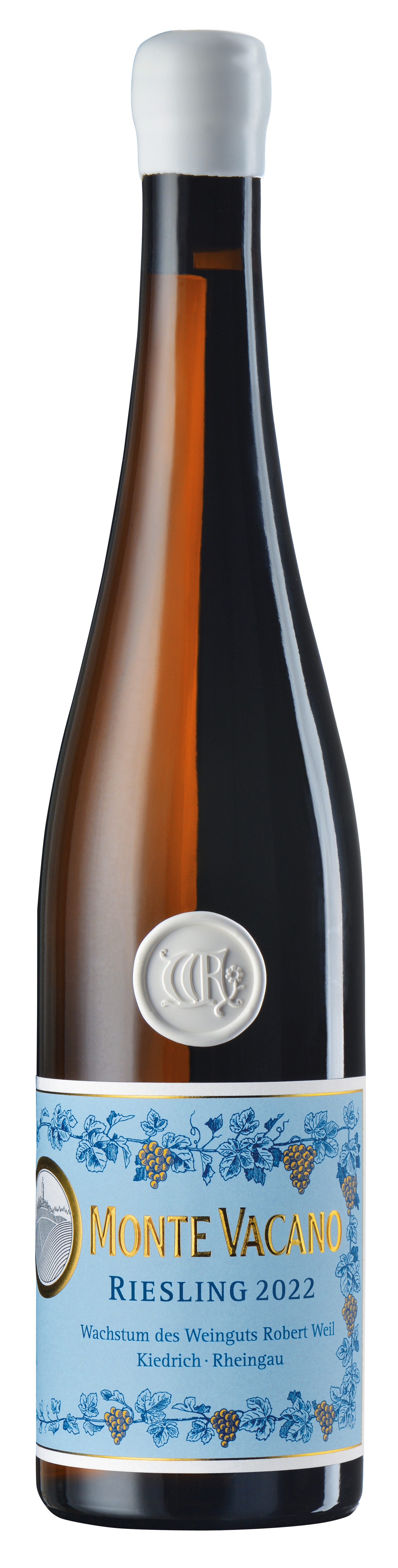 Eine Flasche Riesling 2022 mit einem blauen Etikett, das goldene und weiße Schriftzüge zeigt. Der Flaschenhals hat einen weißen Korken und die Flasche ist in aufrechter Position.