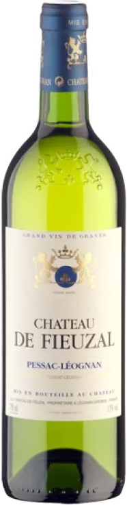 Château de Fieuzal Blanc Eine grüne Weinflasche mit einem Etikett, das -CHATEAU DE FIEUZAL PESSAC-LÉOGNAN- zeigt. Das Etikett ist elegant gestaltet und enthält ein Wappen sowie weitere Informationen über den Wein.