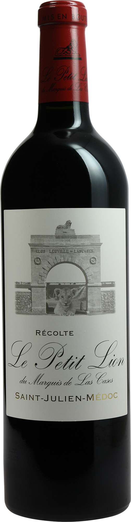 Le Petit Lion de Las-Cases Eine Weinflasche mit rotem Korken und einem Etikett, das einen Löwen sowie den Schriftzug -Le Petit Lion- zeigt. Der Hintergrund ist schlicht und der Boden der Flasche ist dunkel.