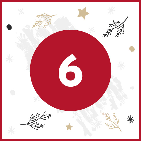 Eine rote, runde Zahl -6- steht auf einem weißen Hintergrund, umgeben von dekorativen Elementen wie Zweigen, kleinen Sternen und schneeflockenähnlichen Motiven.