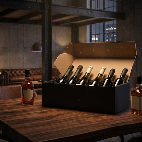 Eine schwarze Kiste mit acht Flaschen Wein steht auf einem Holztisch. Daneben sind mehrere Whiskyflaschen platziert. Der Raum hat eine industrielle, gemütliche Atmosphäre mit einer Ledercouch im Hintergrund.