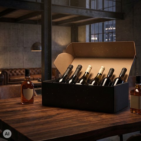 Eine schwarze Kiste mit acht Flaschen Wein steht auf einem Holztisch. Daneben sind mehrere Whiskyflaschen platziert. Der Raum hat eine industrielle, gemütliche Atmosphäre mit einer Ledercouch im Hintergrund.