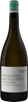 Eine Flasche Weißwein mit einem schlichten, eleganten Design. Der Behälter hat einen grünen Korken und ein Etikett, das -Bourgogne Hautes Côtes de Nuits- zeigt. Die Flasche steht auf einem dunklen Untergrund.