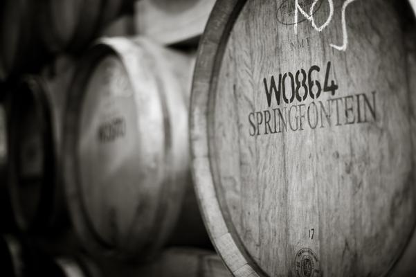 Holzfässer stehen dicht nebeneinander. Auf einem Fass sind die Zeichen -WO8864- und -SPRINGFONTEIN- sichtbar. Die Aufnahme hat einen Schwarz-Weiß-Effekt, was eine nostalgische Atmosphäre schafft.