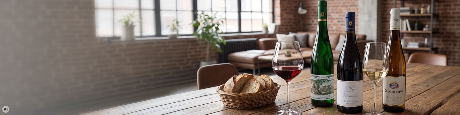 Auf einem Holztisch stehen drei Weinflaschen und ein Glas mit Weißwein. Neben dem Glas befindet sich ein geflochtener Korb mit Brot. Im Hintergrund ist ein gemütlicher Wohnraum sichtbar.