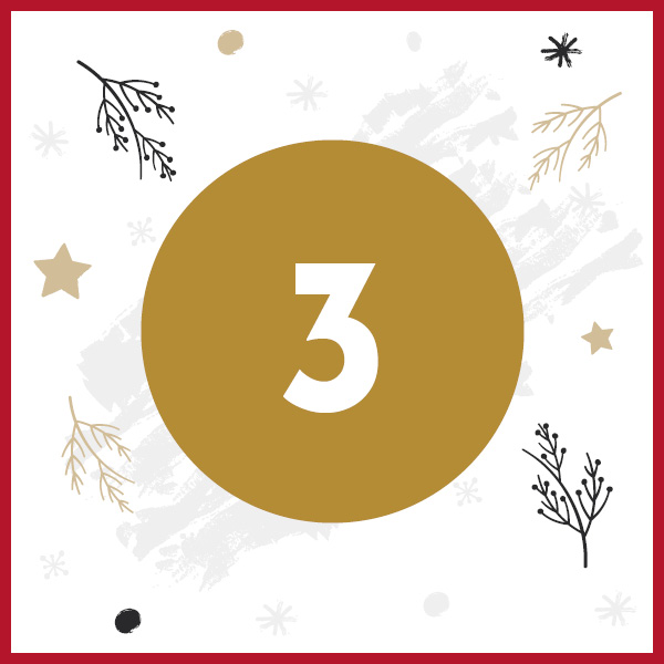 Ein goldener Kreis mit der Nummer -3- in Weiß steht im Vordergrund. Umgeben von geometrischen Formen und Wintermotiven wie Zweigen und Sternen auf einem hellen Hintergrund mit roten Akzenten.