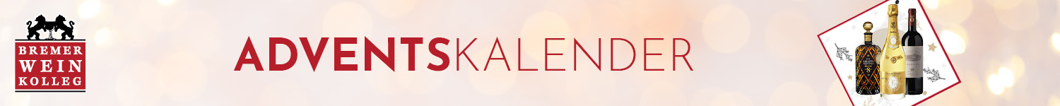 Ein Banner mit dem Text -ADVENTSKALENDER- in roter Schrift auf hellblauem Hintergrund, umgeben von einem subtilen, festlichen Muster. Da sind auch Weinflaschen abgebildet, die einen Weihnachtsbezug suggerieren.