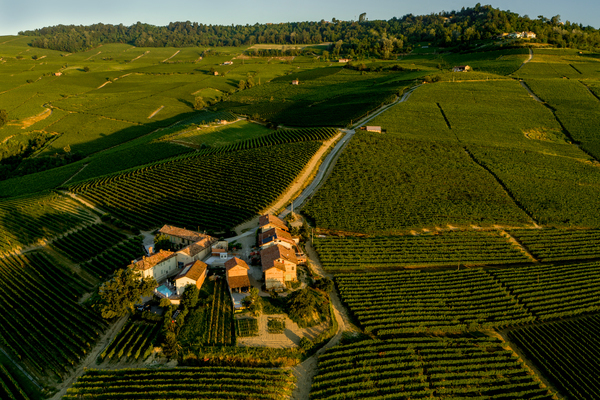 Ein kleines Dorf mit mehreren Gebäuden liegt umgeben von weitläufigen Weinbergen. Sanfte Hügel im Hintergrund, die einen klaren Himmel zeigen. Ein Weg führt durch die Landschaft.