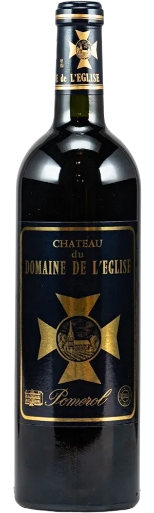Domaine de l'Eglise Ein schwarzer Weinflaschenkörper mit goldener Etikettgestaltung. Das Etikett trägt den Namen -Château du Domaine de l-Eglise- und bezeichnet den Wein als -Pomerol-. Ein dekoratives Kreuzsymbol ist ebenfalls abgebildet.