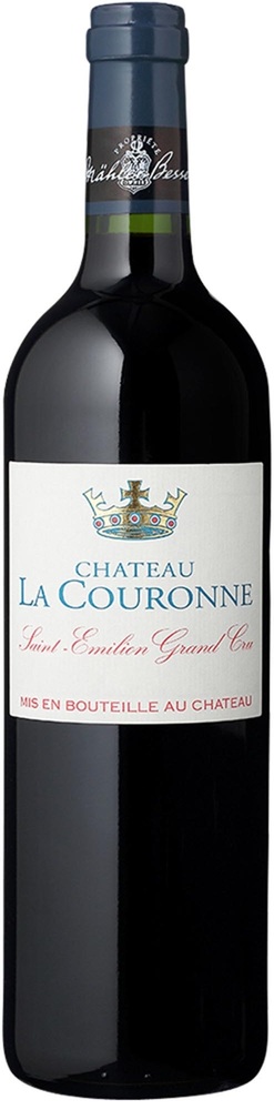 Château la Couronne halbe Flasche Eine Weinflasche mit schwarzem Körper und einer weißen Etikette. Auf dem Etikett steht -Chateau La Couronne- und -Saint-Emilion Grand Cru-. Oben ist ein Kapselverschluss zu sehen.