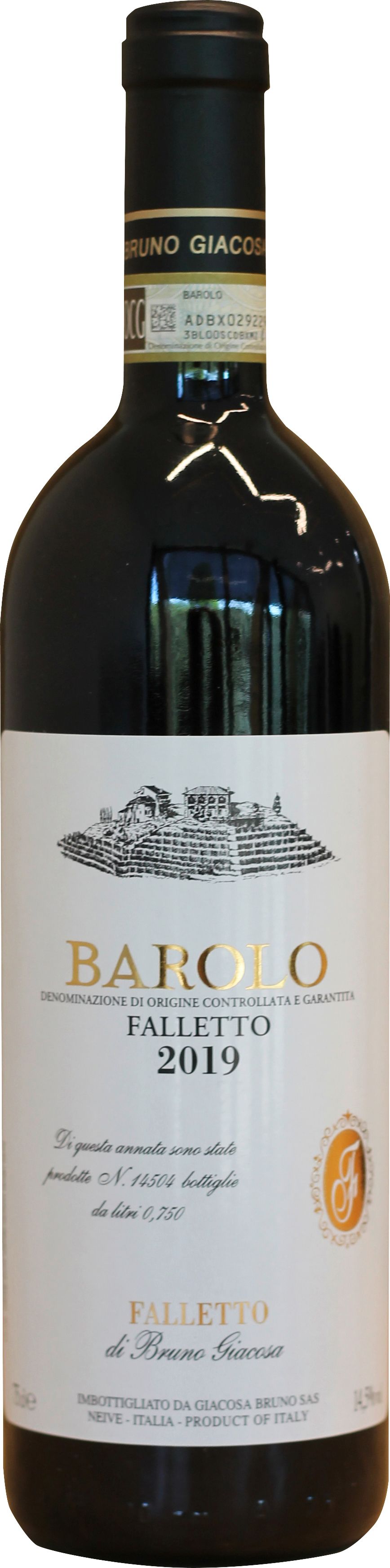 Barolo Falletto Eine Flasche Barolo Wein aus der Jahrgangsnummer 2019. Der Etikett zeigt den Weinnamen -Falletto- und Informationen über die Herkunft und Abfüllung in Italien.