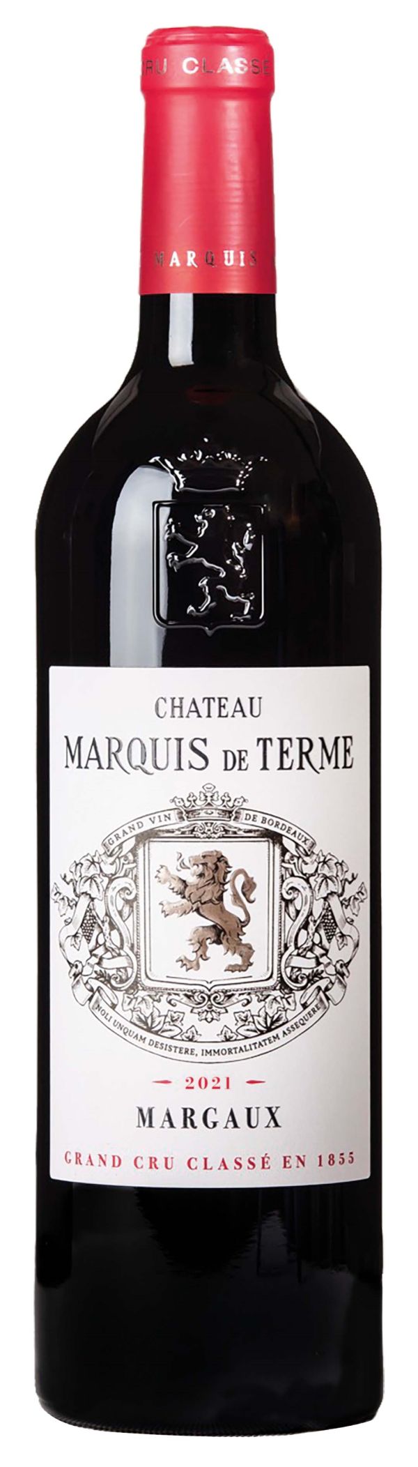 Château Marquis de Terme Eine Flasche Rotwein mit einem roten Kapselverschluss. Ein Wappen mit einem Löwen und die Aufschrift -Chateau Marquis de Terme 2021 Margaux - Grand Cru Classé en 1855- sind auf dem Etikett zu sehen.