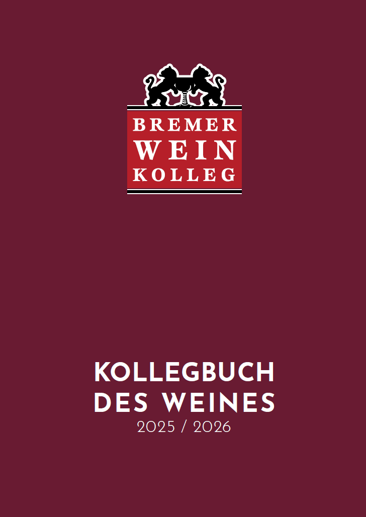 Ein dunkelroter Hintergrund zeigt das Logo des Bremer Wein Kolleg mit zwei Löwen. Darunter steht in weißer Schrift -KOLLEGBUCH DES WEINES 2025 / 2026-.