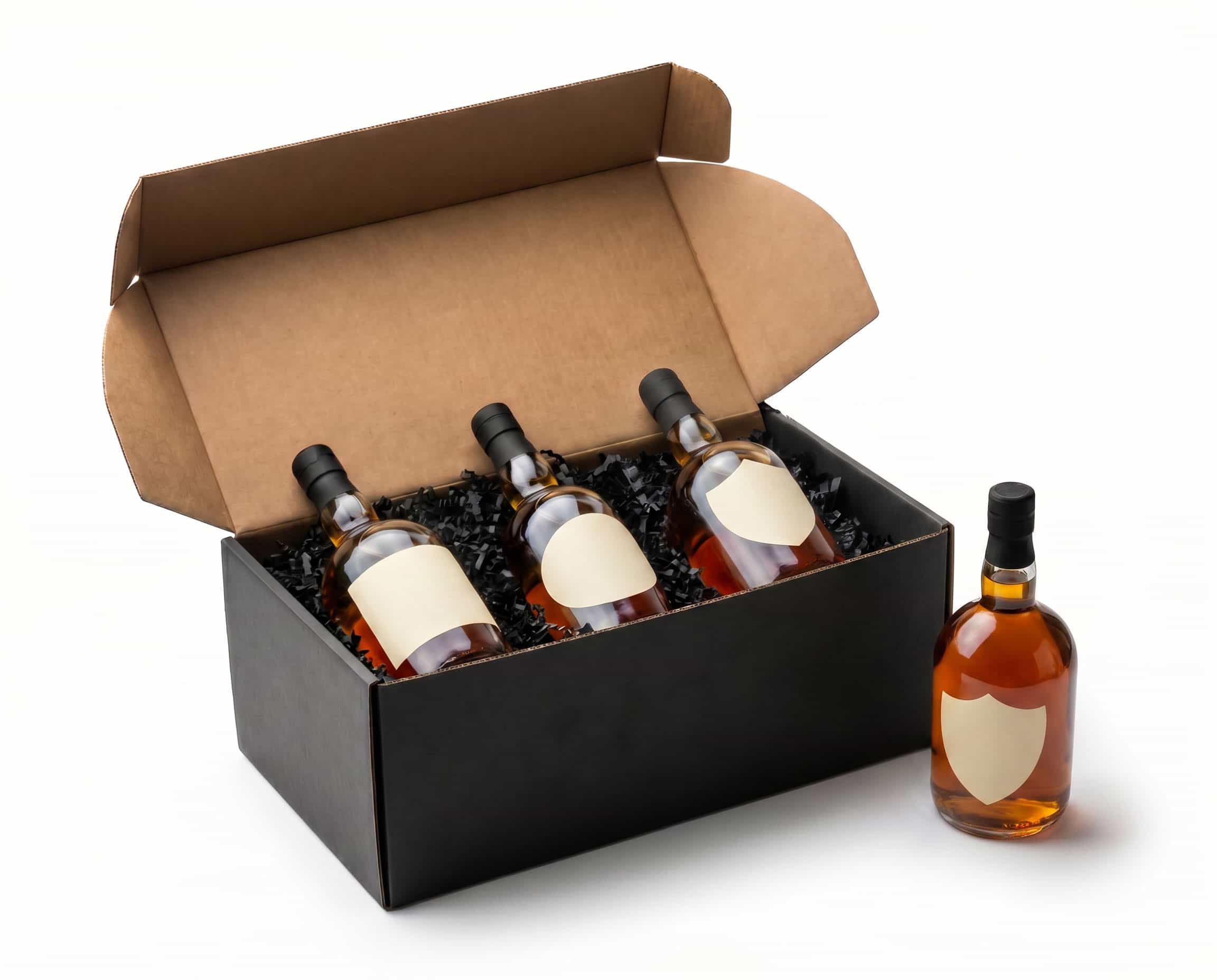 Eine schwarze Box enthält drei Flaschen mit braunem Getränk, die in schwarzem Füllmaterial liegen. Eine weitere Flasche steht daneben. Alle Flaschen haben ein etikettfreies Design.