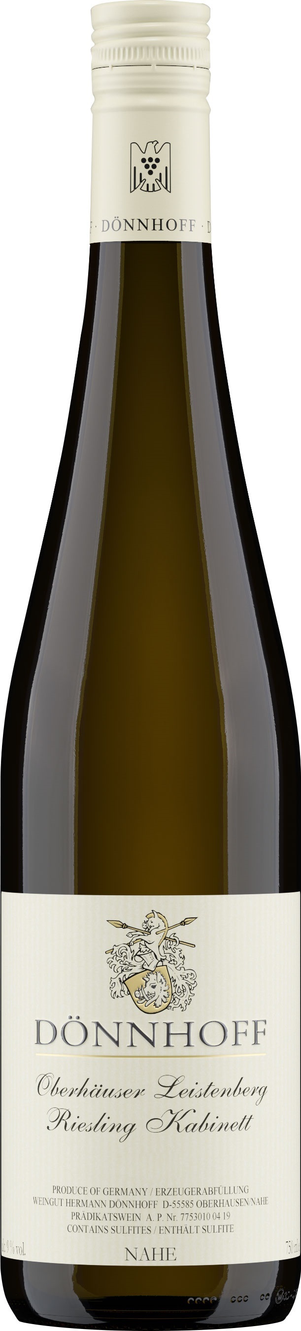 Eine Weinflasche mit einem hellen, eleganten Etikett. Der Flaschenhals ist mit einem Schraubverschluss versehen. Auf dem Etikett steht -Dönnhoff Oberhäuser Leistenberg Riesling Kabinett.-