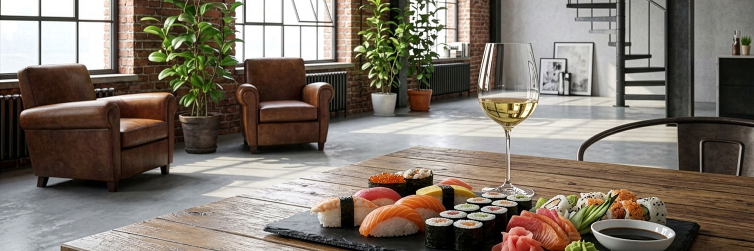 Auf einem Holzbrett liegt eine Auswahl an Sushi-Rollen in verschiedenen Farben, während eine Hand mit Stäbchen eine Rolle aufnimmt. Im Hintergrund sind Salat und eingelegter Ingwer zu sehen.