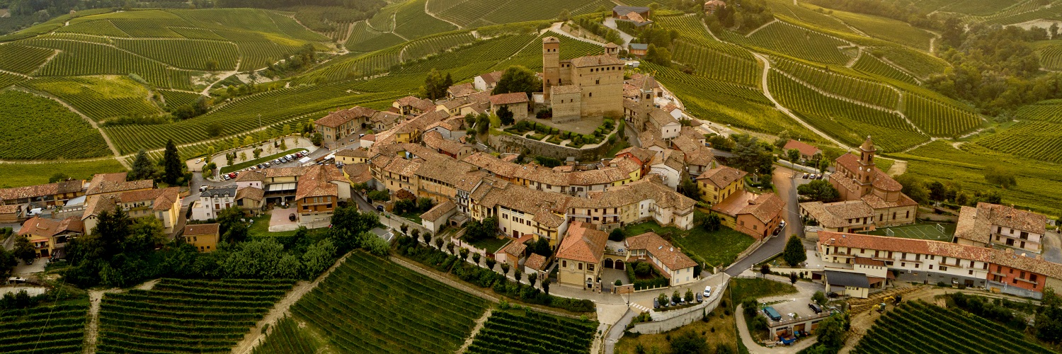 Eine malerische, hügelige Landschaft mit Weinbergen umgibt ein kleines, historisches Dorf. Die Gebäude sind überwiegend aus Stein mit roten Dächern, während sich im Hintergrund eine große Burg erhebt.